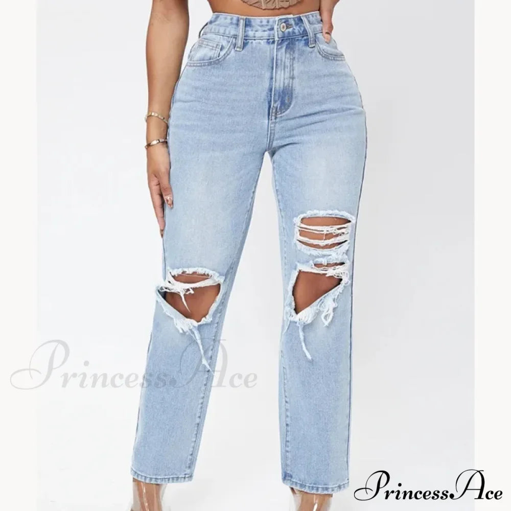 Ripped Women’s Casual Fashion High Waist Straight Leg Loose Denim Ladies Streetwear Jean