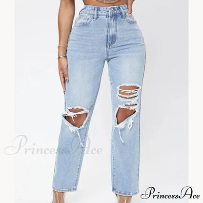 Ripped Women’s Casual Fashion High Waist Straight Leg Loose Denim Ladies Streetwear Jean