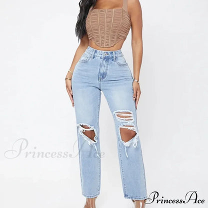 Ripped Women’s Casual Fashion High Waist Straight Leg Loose Denim Ladies Streetwear Jean