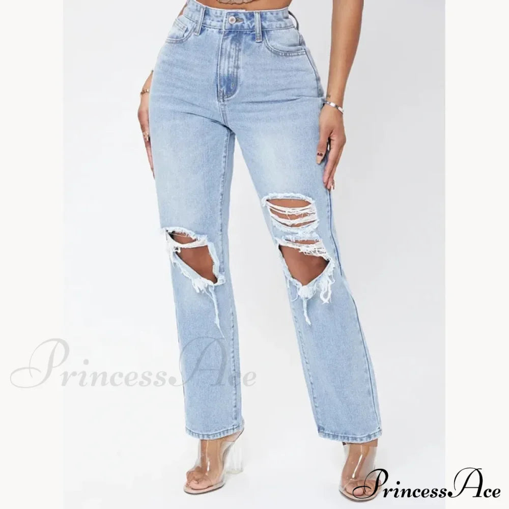 Ripped Women’s Casual Fashion High Waist Straight Leg Loose Denim Ladies Streetwear Jean