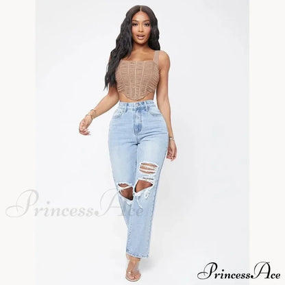 Ripped Women’s Casual Fashion High Waist Straight Leg Loose Denim Ladies Streetwear Jean