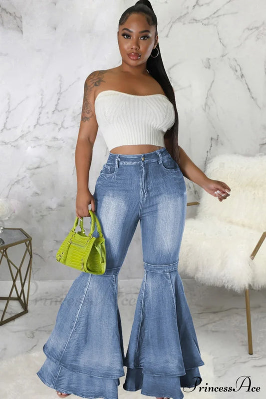 Rise Flares Tiered High Jeans Light Blue / M Pants