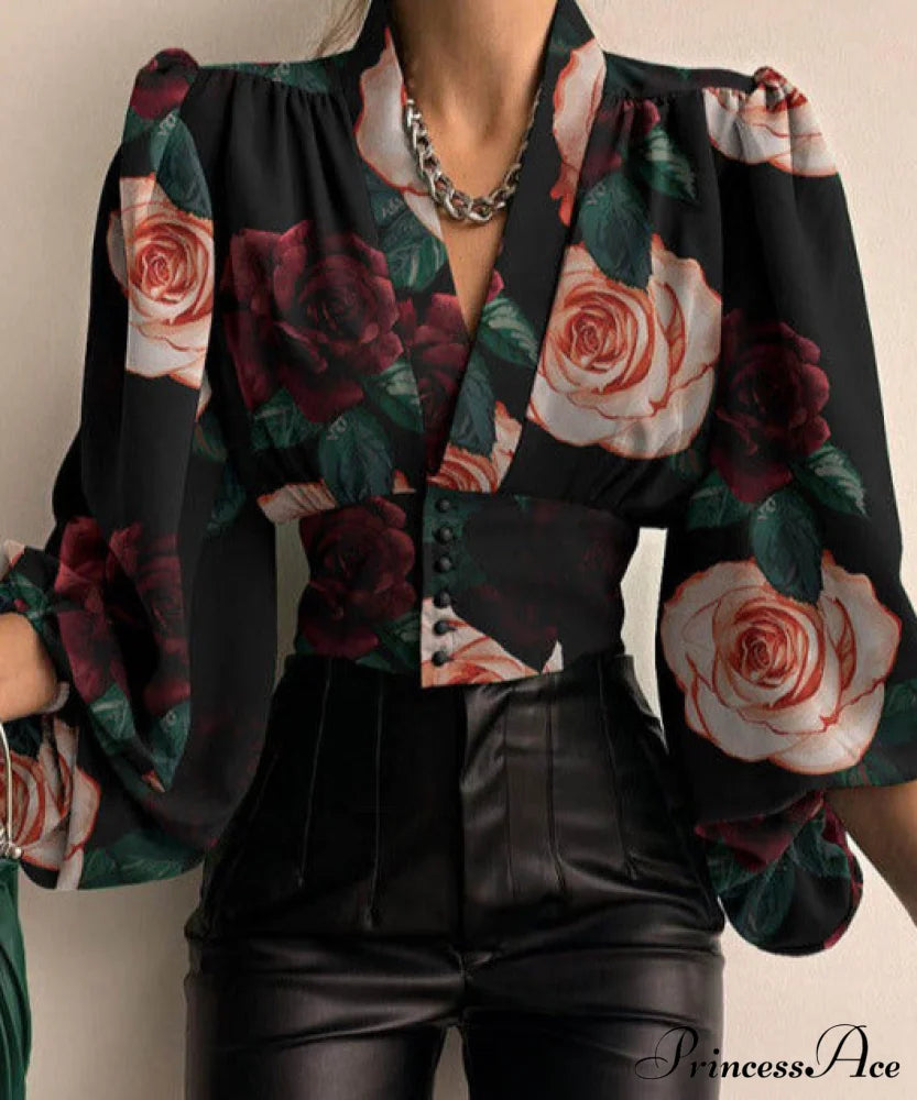 Rita Button Shirt Black Pink Flower / S Tops & Blouses