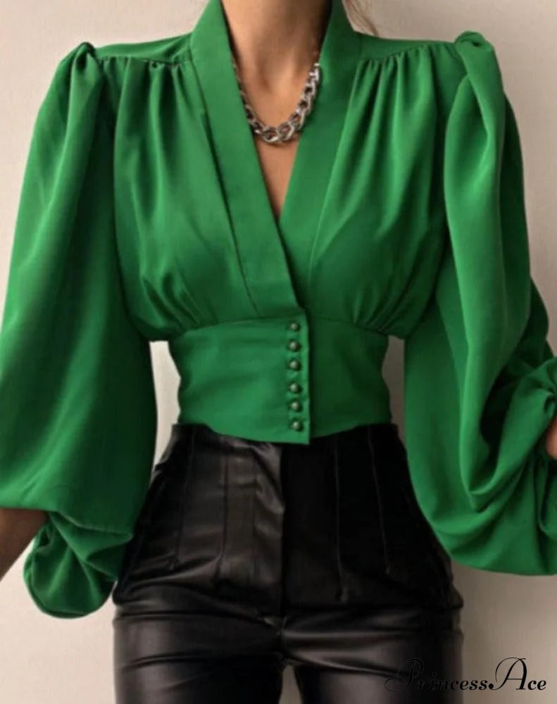 Rita Button Shirt Green / S Tops & Blouses