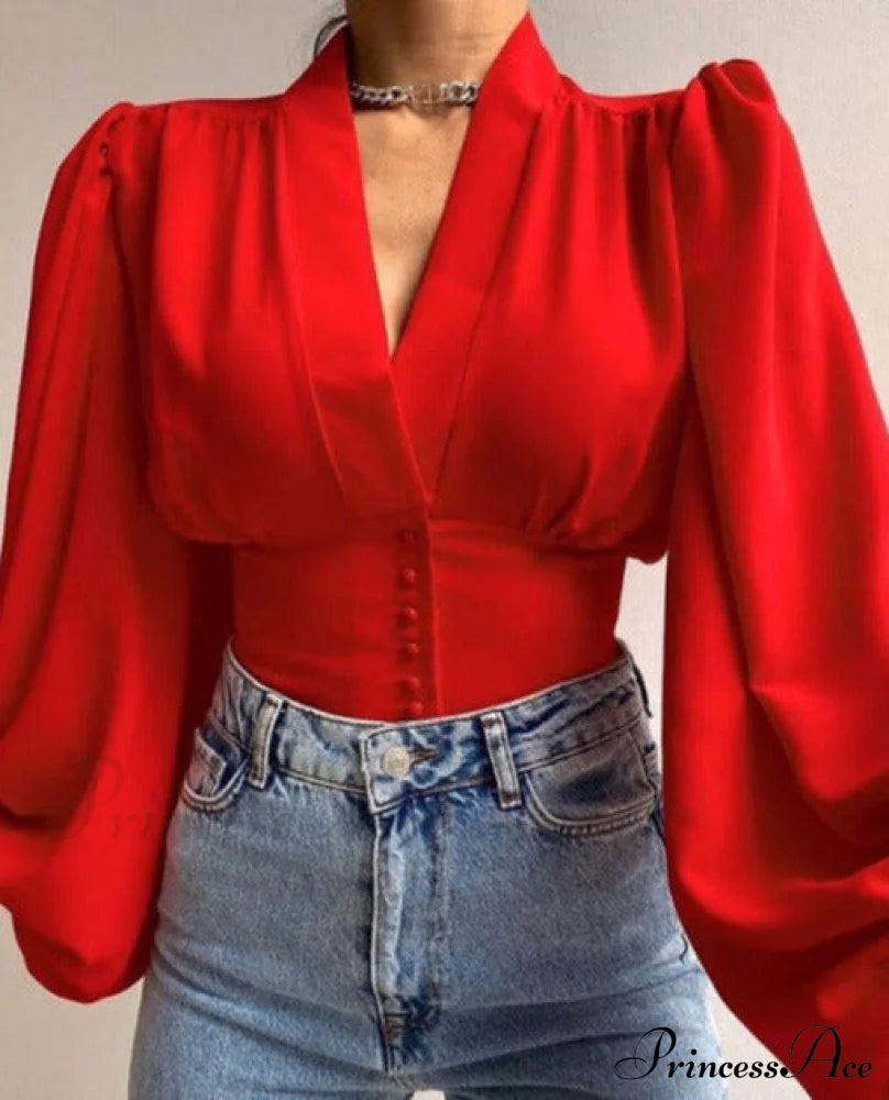 Rita Button Shirt Red / S Tops & Blouses