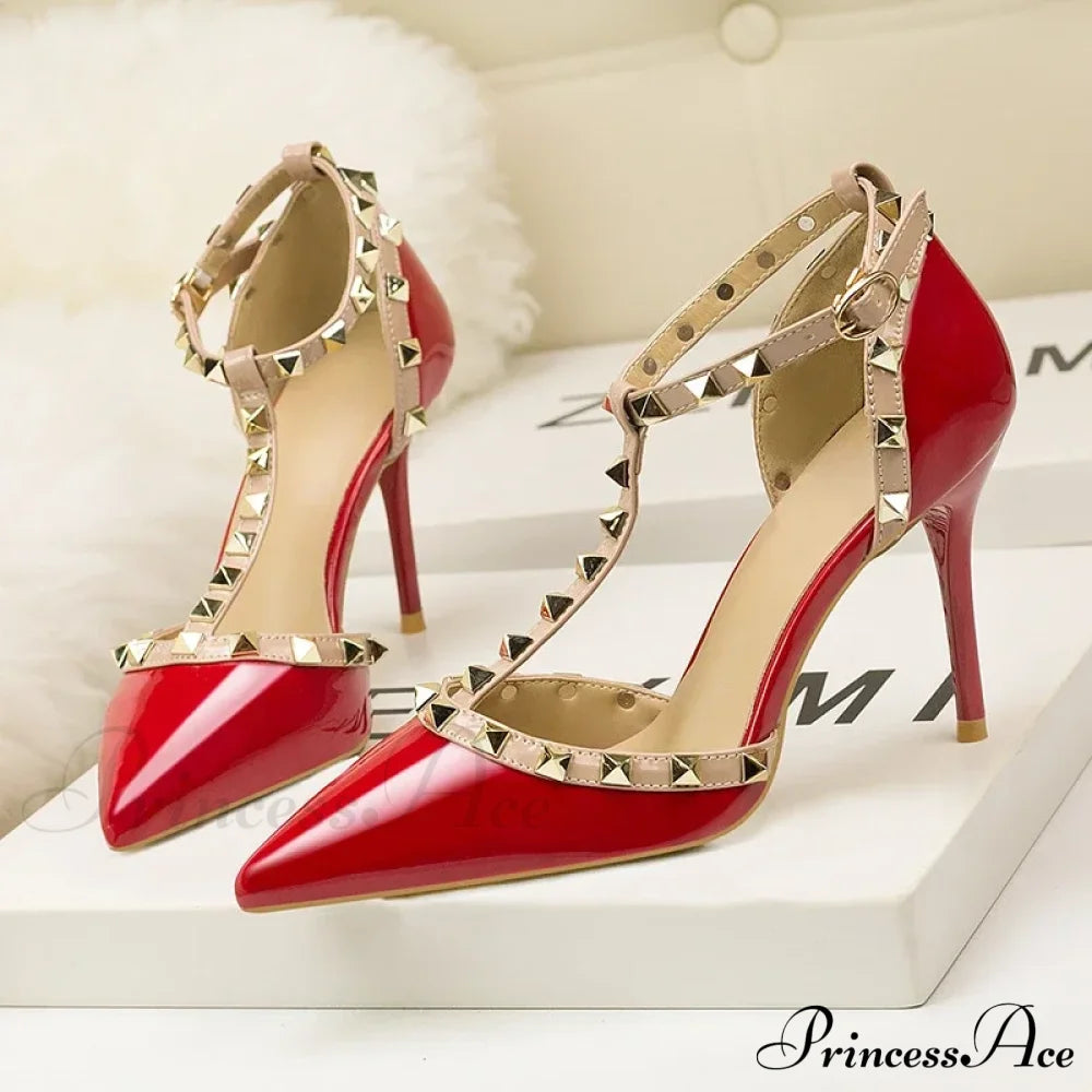 Rivet Pointed Toefashion Designer Hollow Red Fine Sexy Sandals High Heel / 35