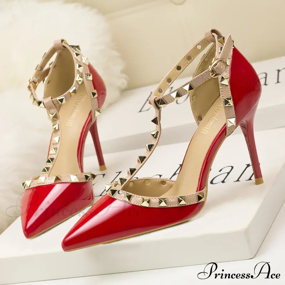 Rivet Pointed Toefashion Designer Hollow Red Fine Sexy Sandals High Heel