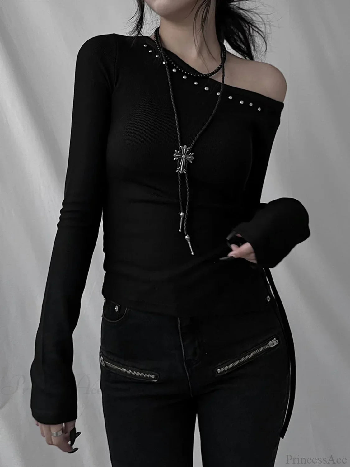 Rivet Skew Collar Knit Top