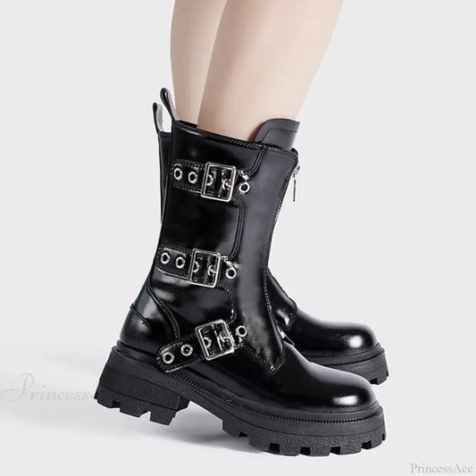 Rivet Strap Clunky Heeled Dark Motorcycle Boot Black / 35