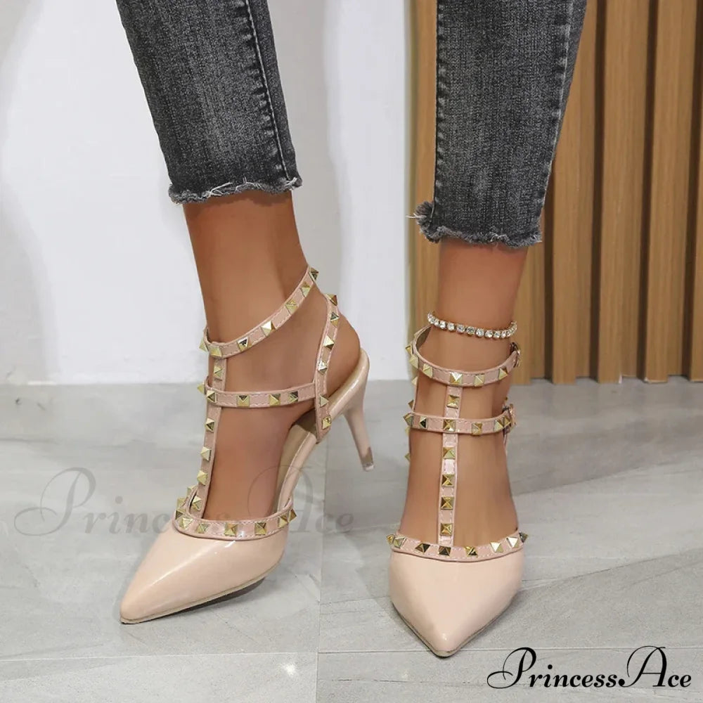 Rivets Sandals Summer Thick Fine High-Heeled Pointed Stiletto Nightclub High Heel Apricot / 35