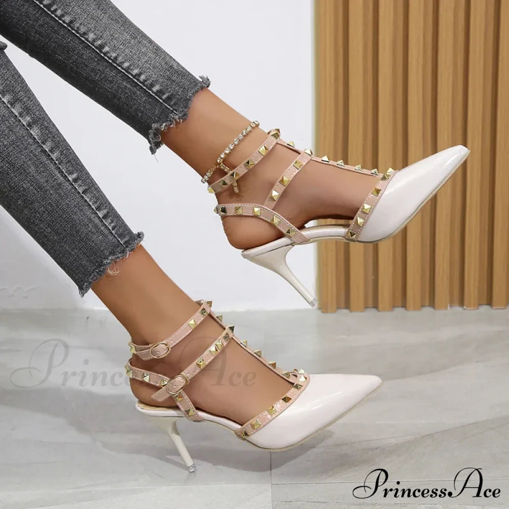 Rivets Sandals Summer Thick Fine High-Heeled Pointed Stiletto Nightclub High Heel Ivory / 35