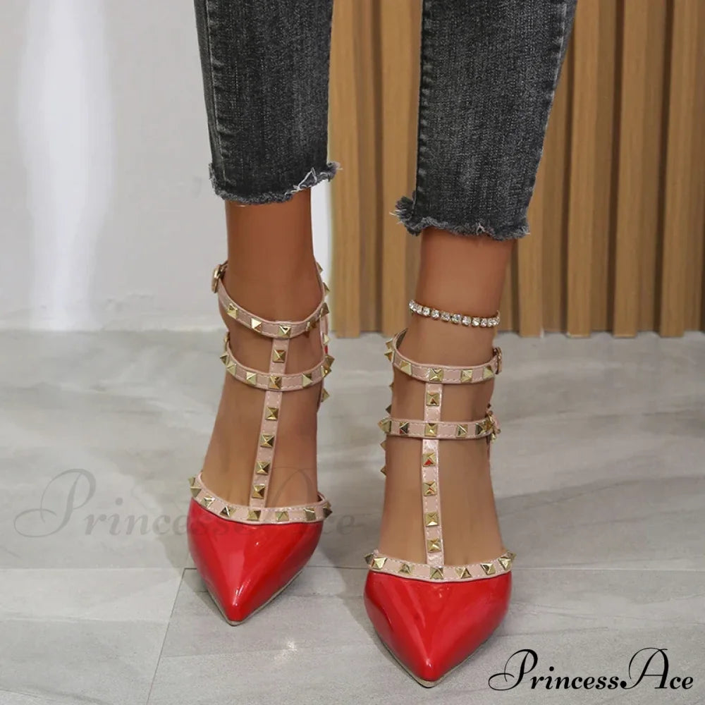 Rivets Sandals Summer Thick Fine High-Heeled Pointed Stiletto Nightclub High Heel Red / 35