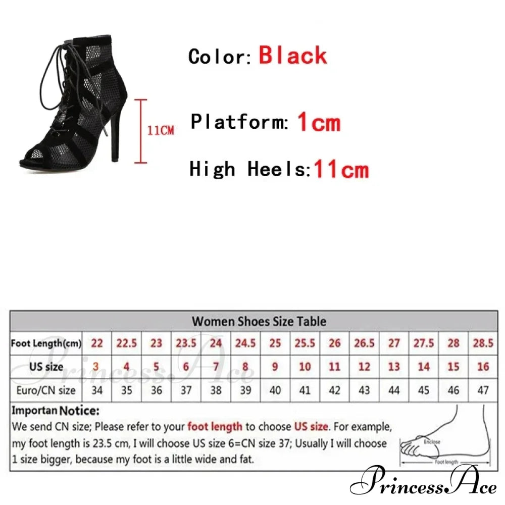 Roma Style Mesh Hollow Out Ankle Boots Sandals Women Peep Toe Lace Up Cross-Tie Strap High Heels