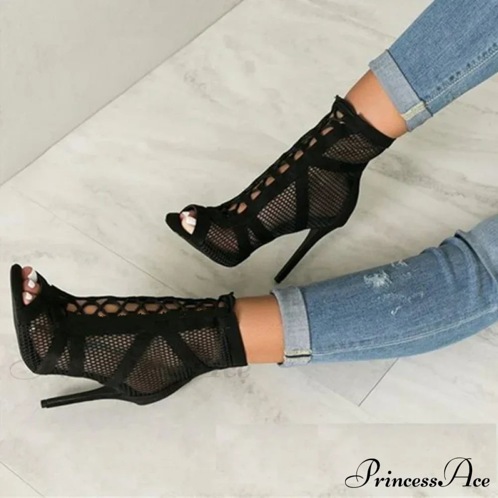 Roma Style Mesh Hollow Out Ankle Boots Sandals Women Peep Toe Lace Up Cross-Tie Strap High Heels
