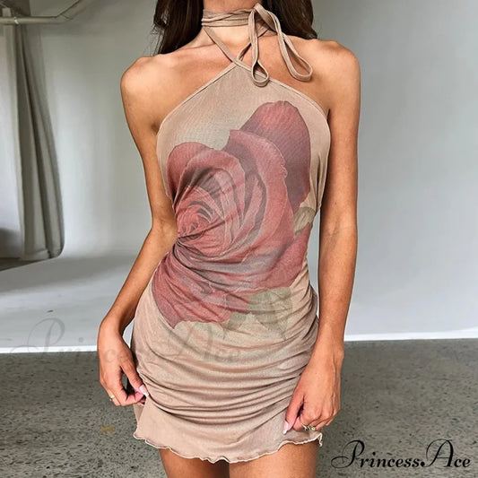 Rose Print Halter Neck Shoulder Short Clubwear Mini Dress Khaki / S