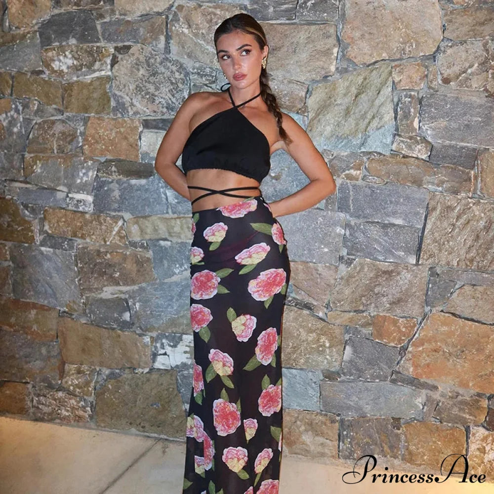 Rose Print Sheer Party Mesh Long Skirt