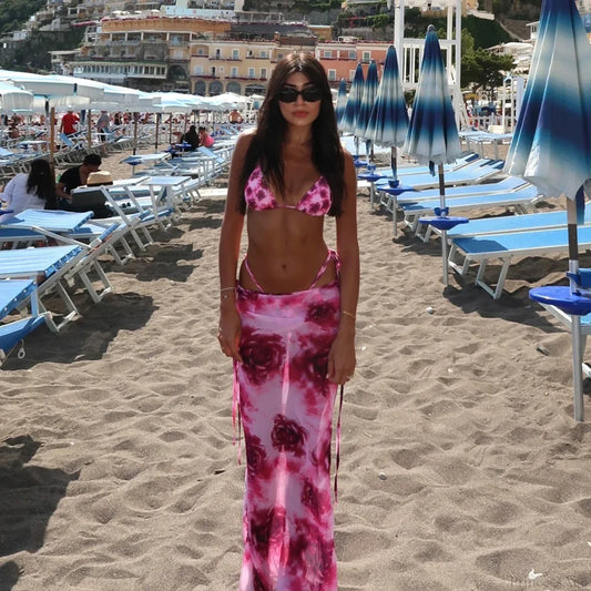 Rose Red Micro Skirt Three Piece Swimsuit Pink / S