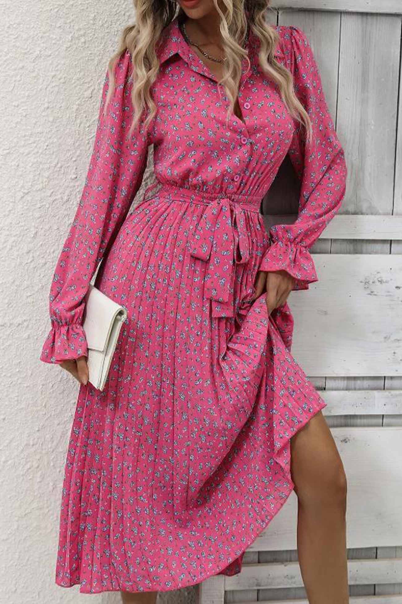 Floral Tie Waist Long Sleeve Pleated Midi Dress