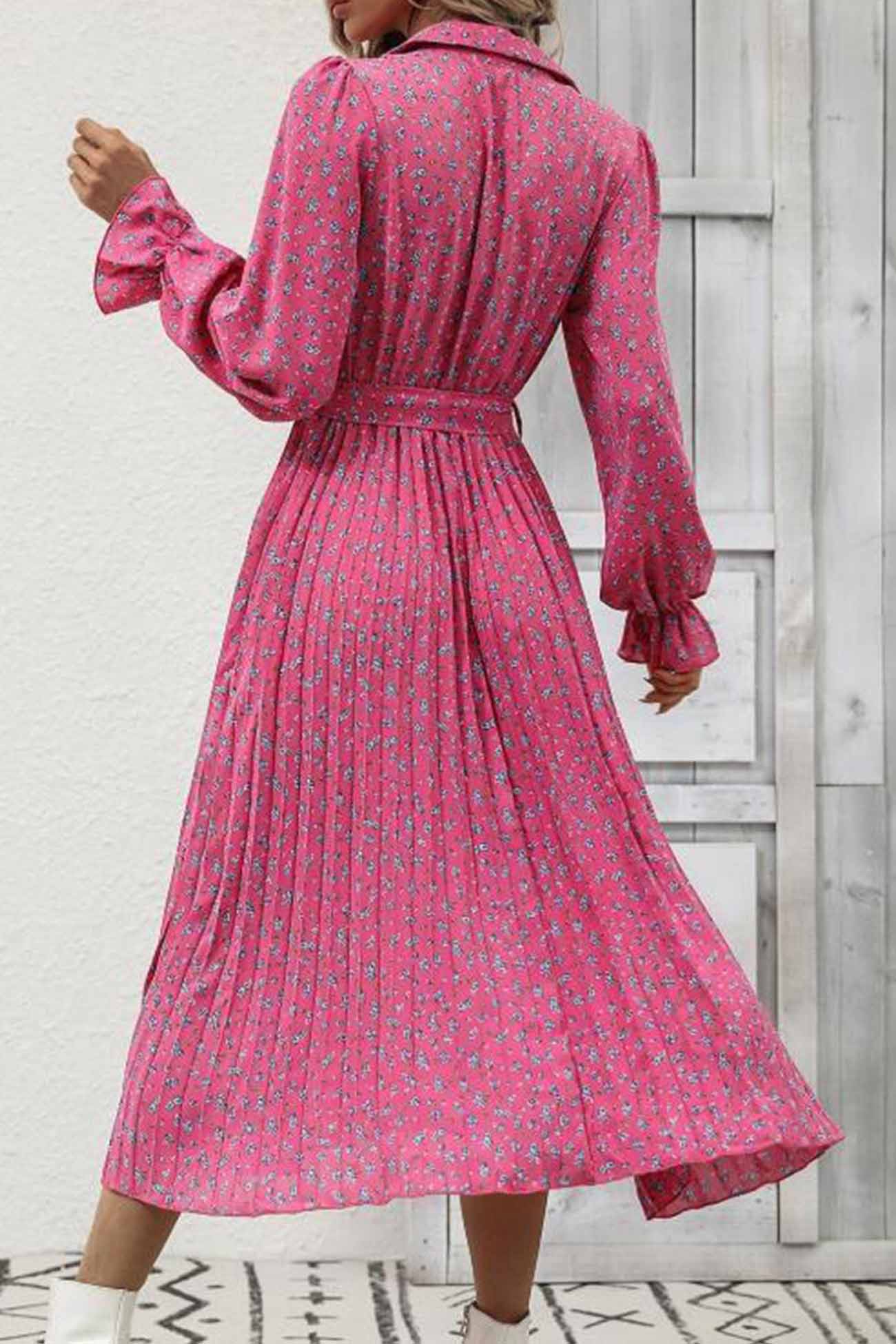 Floral Tie Waist Long Sleeve Pleated Midi Dress