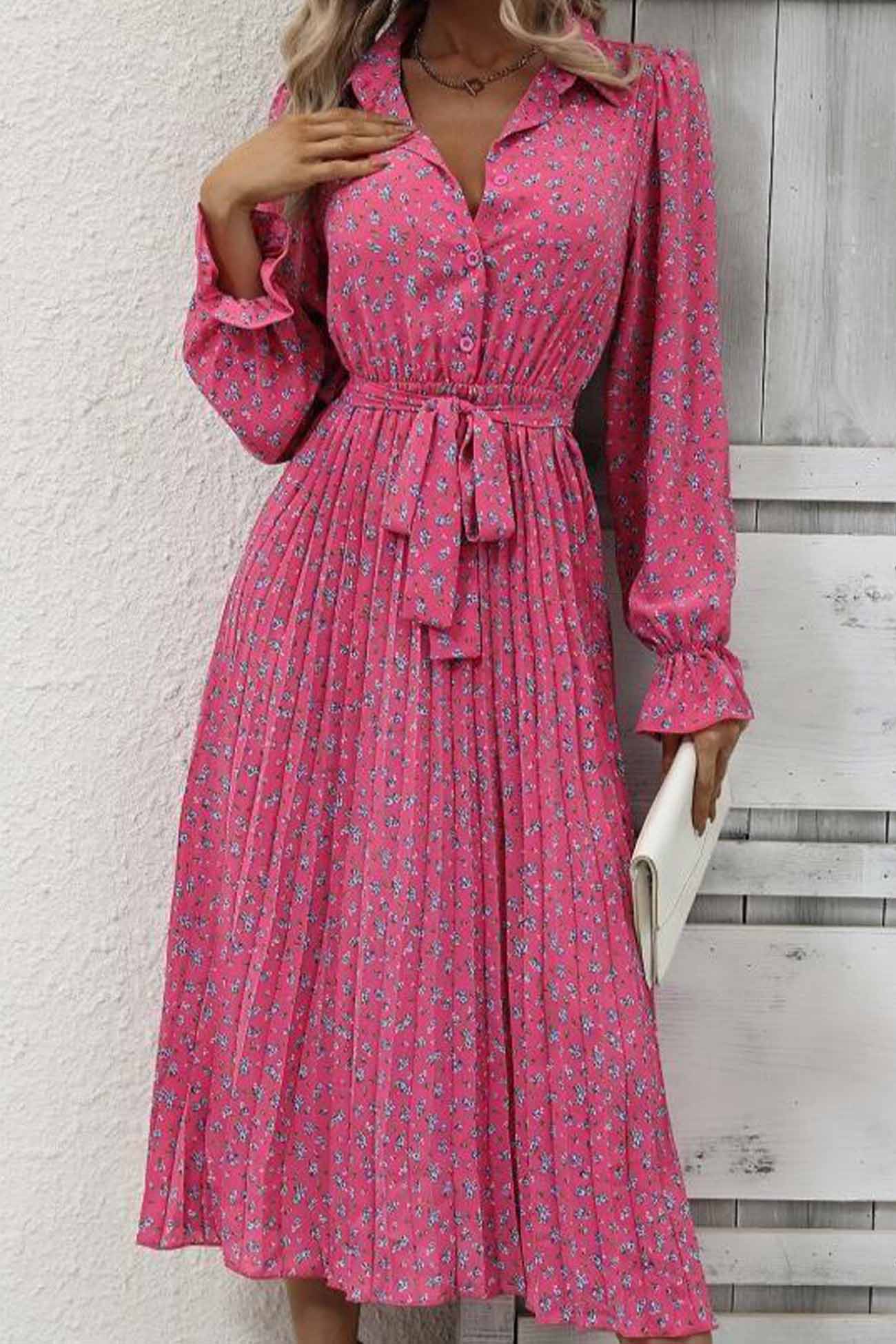 Floral Tie Waist Long Sleeve Pleated Midi Dress