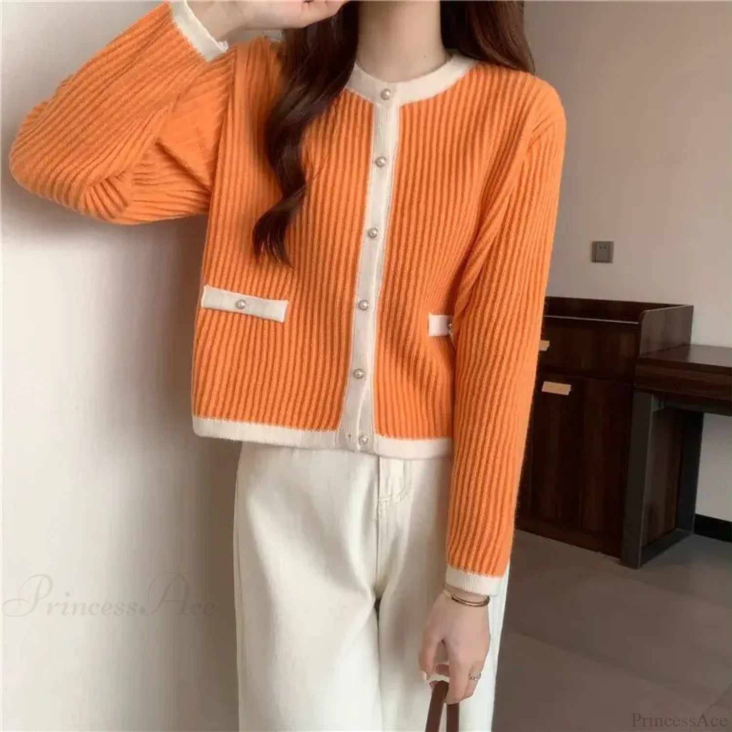 Round Neck Button Fashion Cardigan Orange / S
