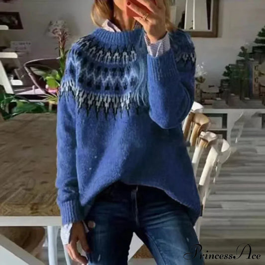 Round Neck Casual Cozy Comfortable Loose Long Sleeve Stylish Autumnal Sweater Navy Blue / S