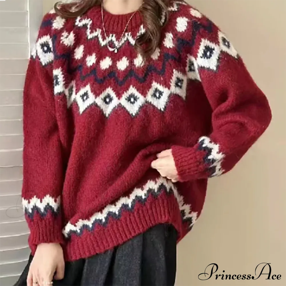 Round Neck Casual Cozy Comfortable Loose Long Sleeve Stylish Autumnal Sweater Red / S Sweaters-L