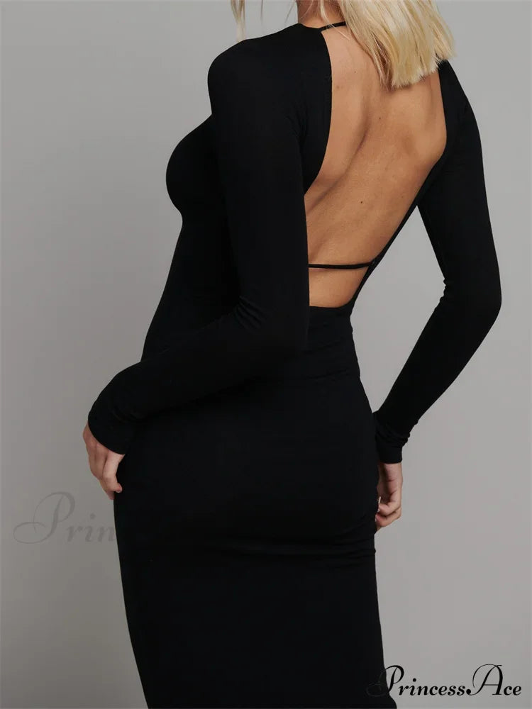 Round Neck Hollow Out Party Clubwear For Women Backless Sleeve Solid Color Slim Fit Vestidos