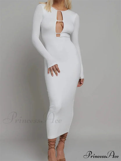 Round Neck Hollow Out Party Clubwear For Women Backless Sleeve Solid Color Slim Fit Vestidos White