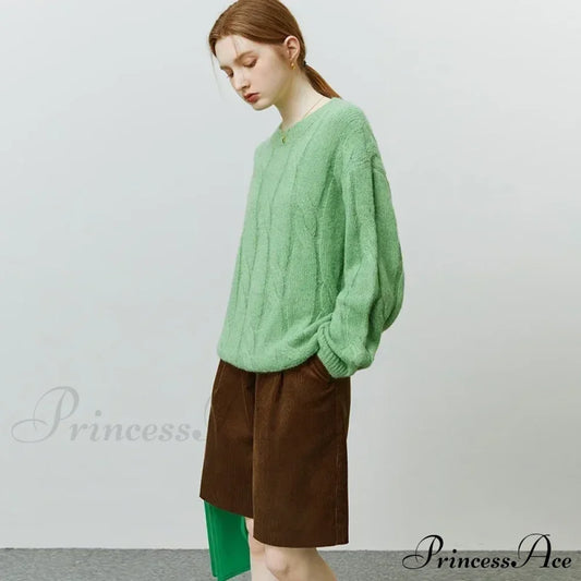 Round Neck Twisted Mohair Casual Solid Full Sleeve Christmas Sweater Green / Xs Sweaters-L