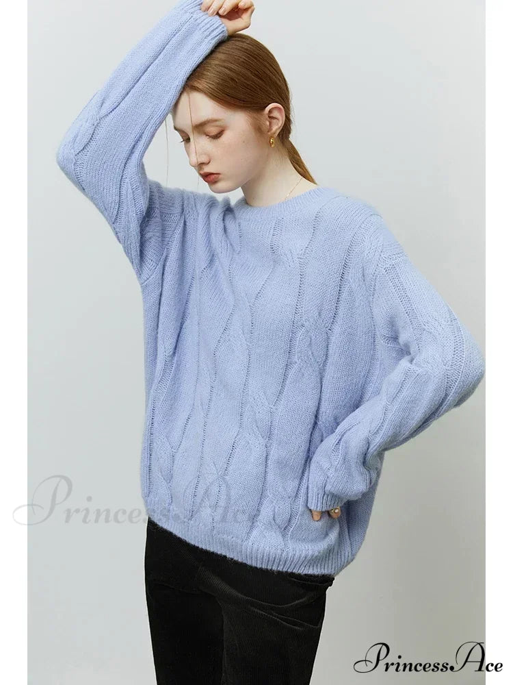 Round Neck Twisted Mohair Casual Solid Full Sleeve Christmas Sweater Sweaters-L