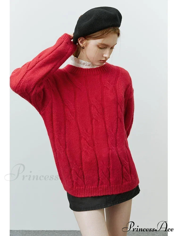 Round Neck Twisted Mohair Casual Solid Full Sleeve Christmas Sweater Sweaters-L