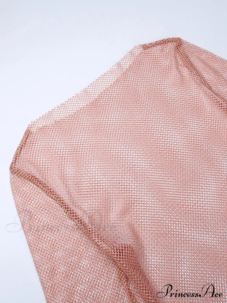 Round Splicing Neck Furry Hollow Mesh Glitter Arm Women’s See-Through Long Dress