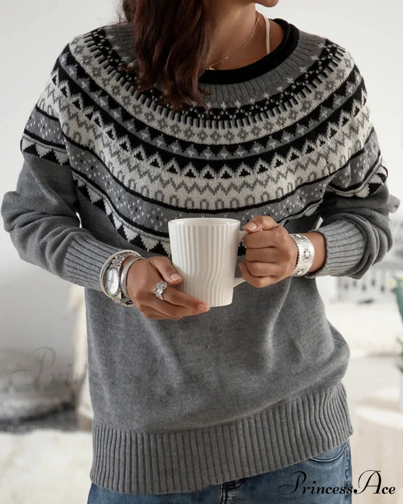 Round Sweater Geometric Neck With Print Sweaters-L