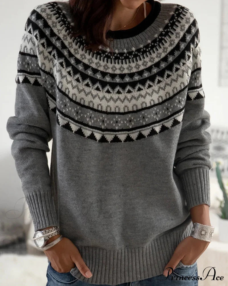 Round Sweater Geometric Neck With Print Sweaters-L