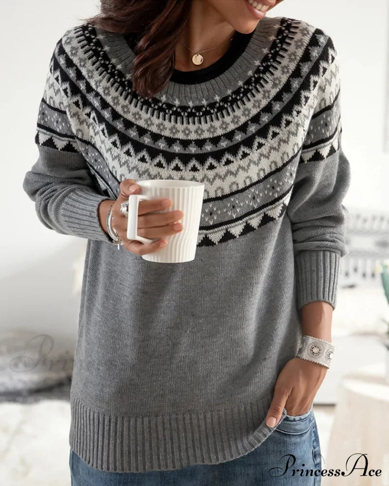 Round Sweater Geometric Neck With Print Sweaters-L