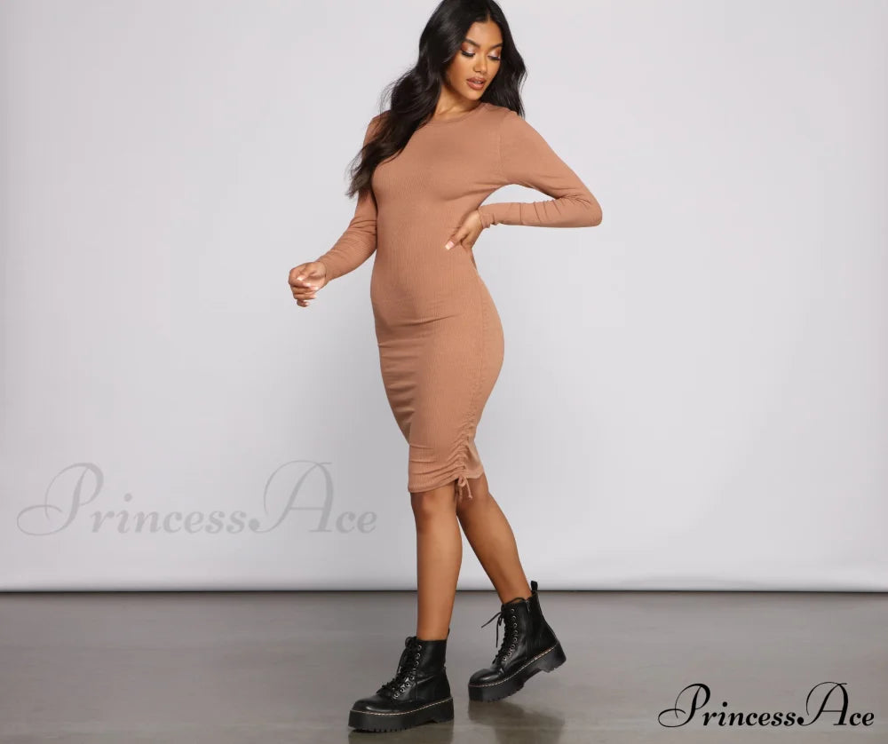 Ruched And Ribbed Knit Graceful Crew Neck Mini Dress Casual Dresses