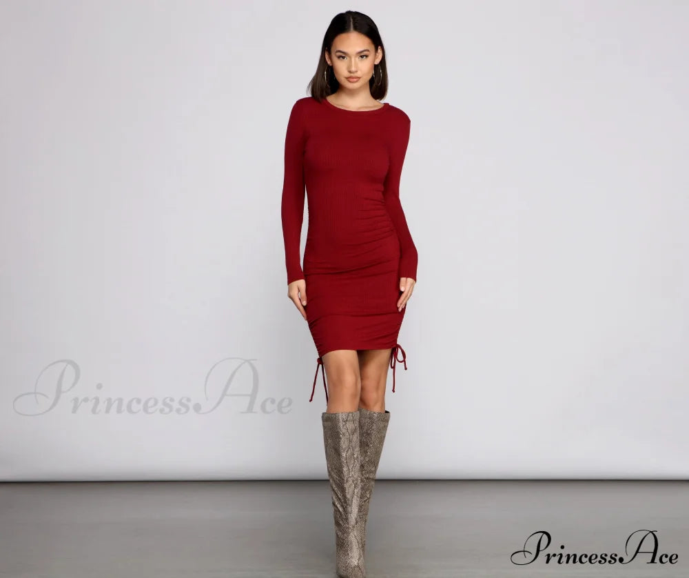 Ruched And Ribbed Knit Graceful Crew Neck Mini Dress Casual Dresses