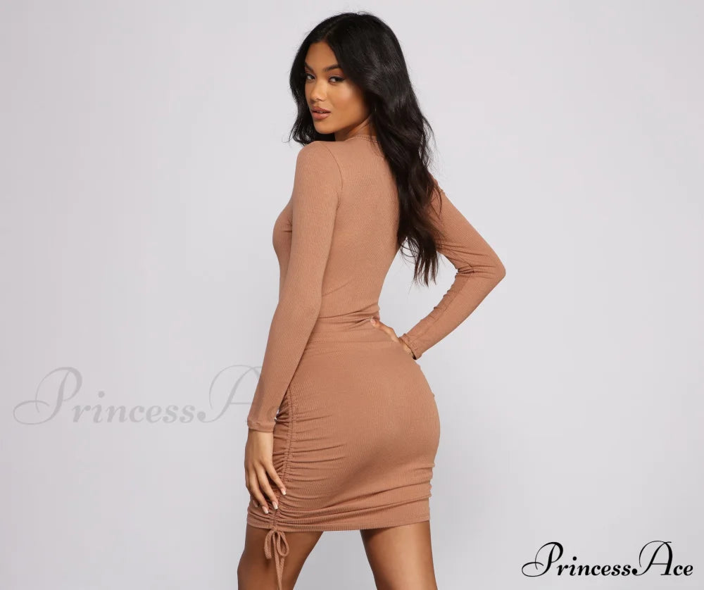 Ruched And Ribbed Knit Graceful Crew Neck Mini Dress Casual Dresses