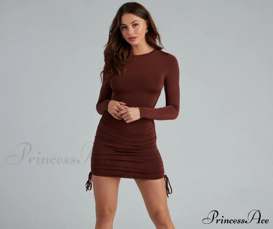Ruched Babe Long Sleeve Mini Dress - Lady Occasions