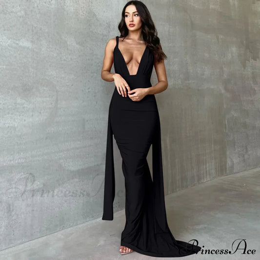 Ruched Backless Gown Party Club Maxi Dress Black / S