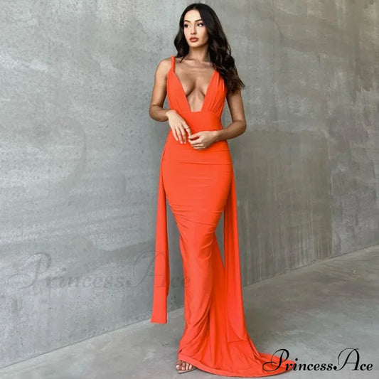 Ruched Backless Gown Party Club Maxi Dress Orange / S