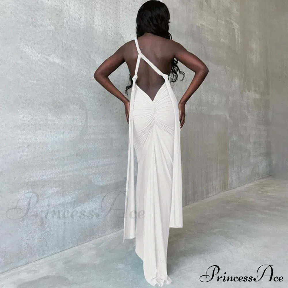 Ruched Backless Gown Party Club Maxi Dress White / S