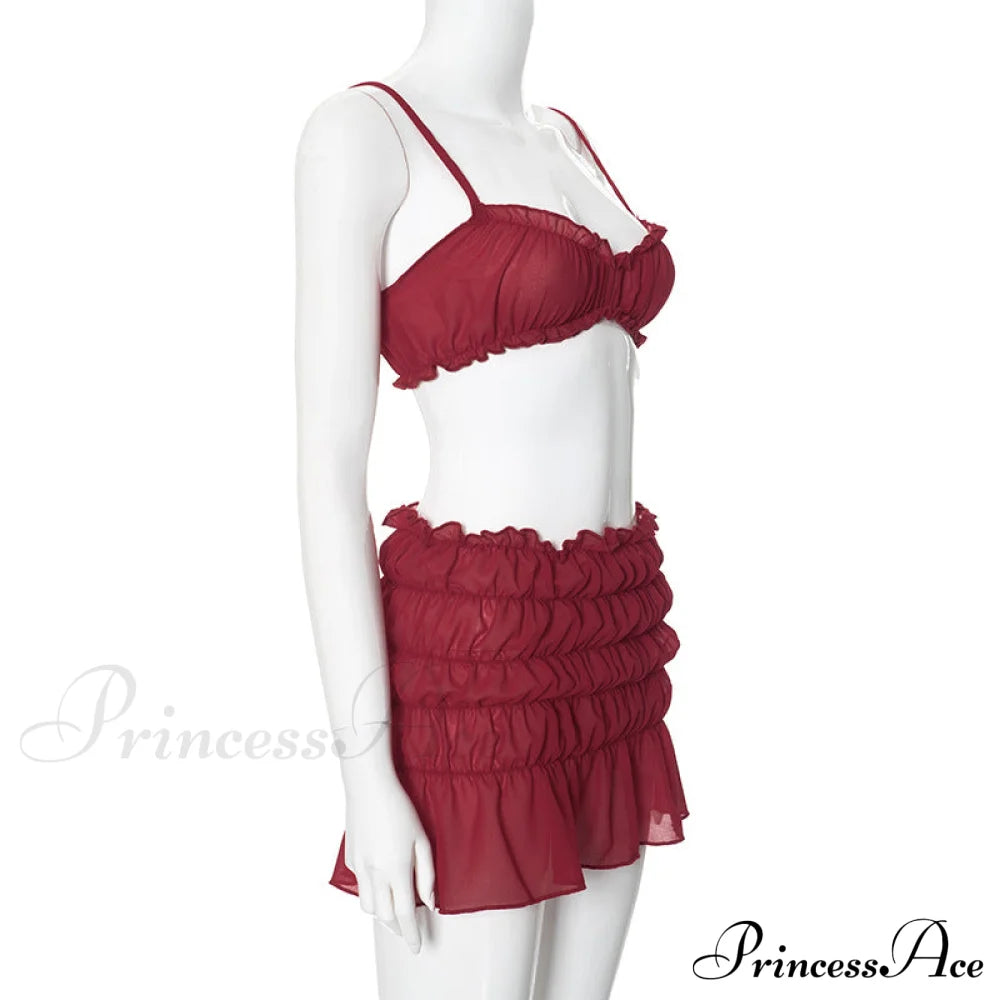 Ruched Bralette And Low Graceful Waist Mini Skirt Set
