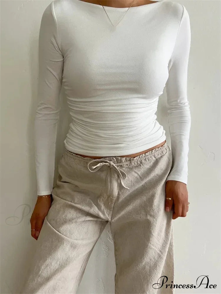 Ruched Casual Slim Fit Pullovers Long Sleeve T-Shirts