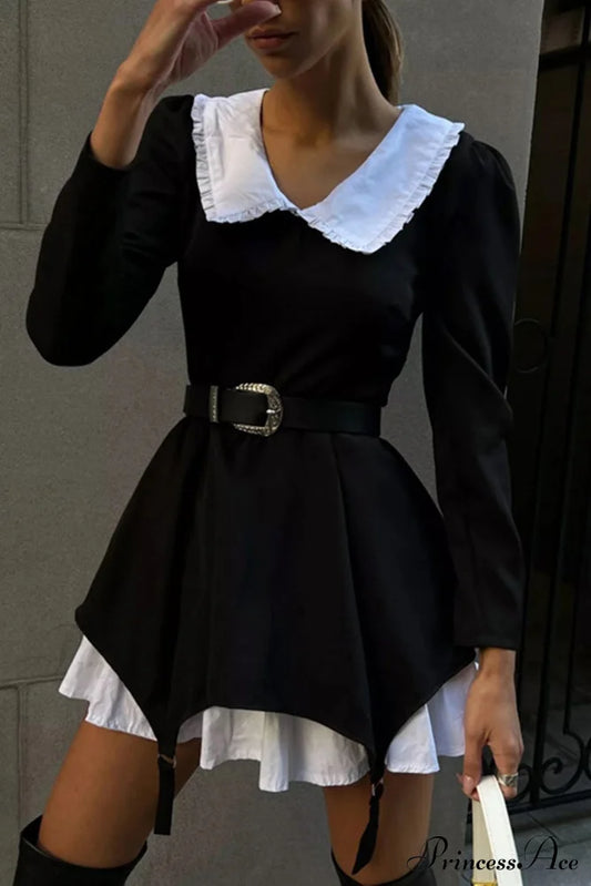 Ruched Fake Two-Pieces Dress With Doll Collar Black / M Mini Dresses