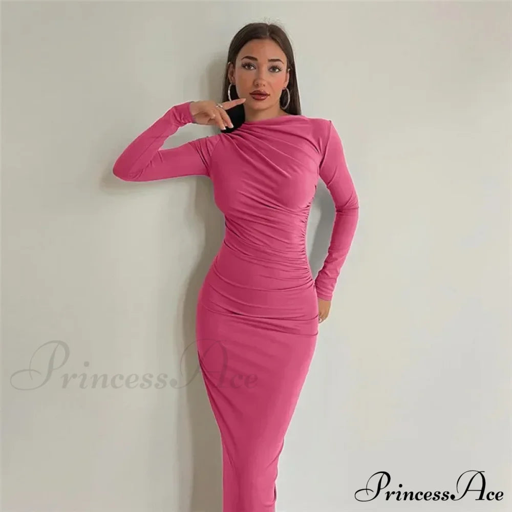 Ruched Long Bodycon Maxi Dress Rose Red / S