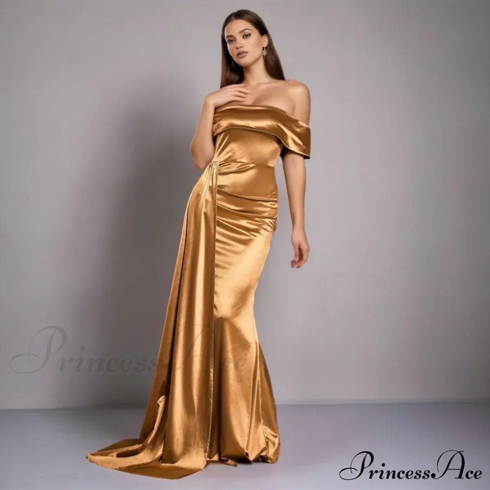 Ruched Long Satin Party Dress Gold / Xs Partydress-241208