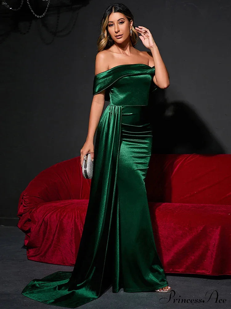 Ruched Long Satin Party Dress Green / Xs Partydress-241208