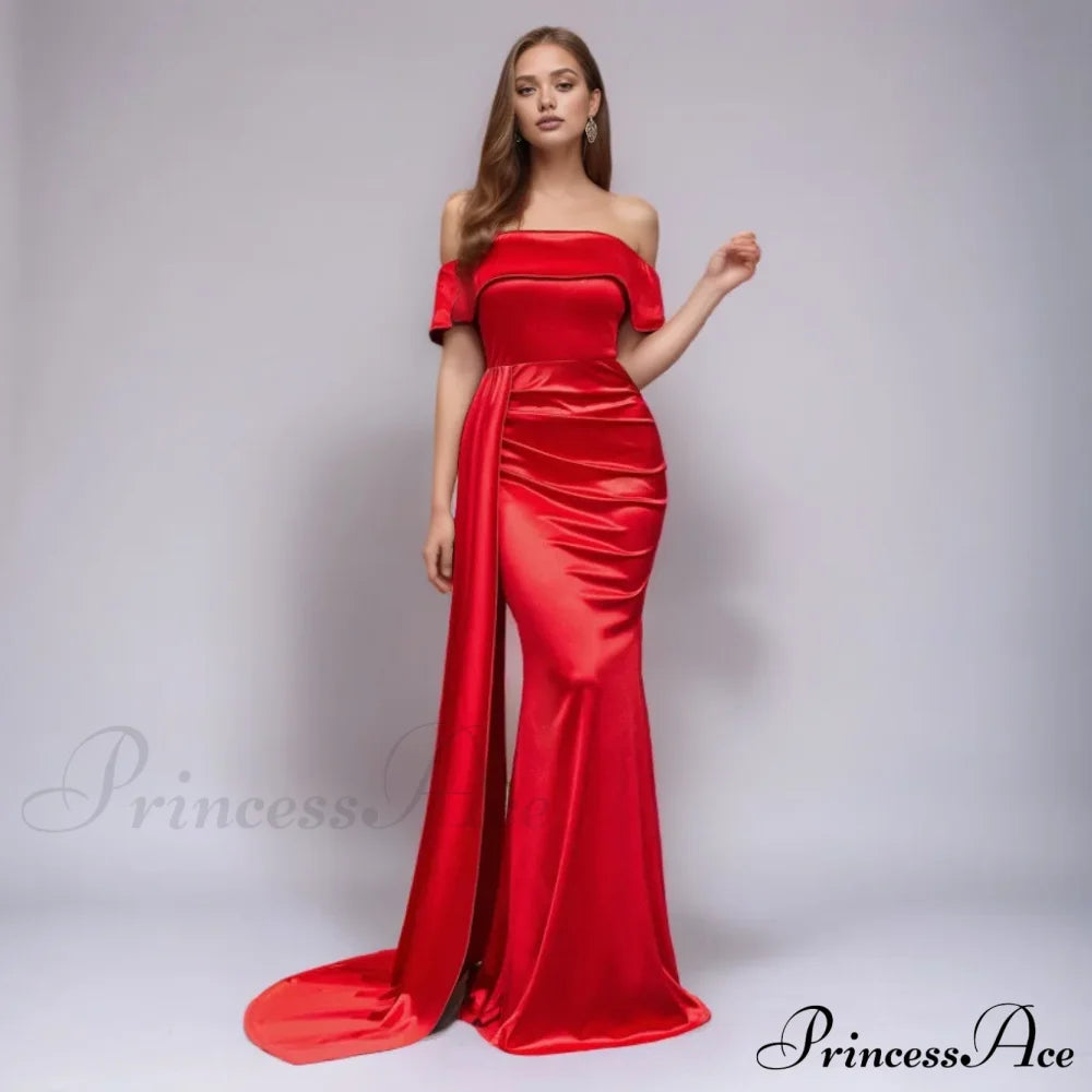 Ruched Long Satin Party Dress Red / Xs Partydress-241208